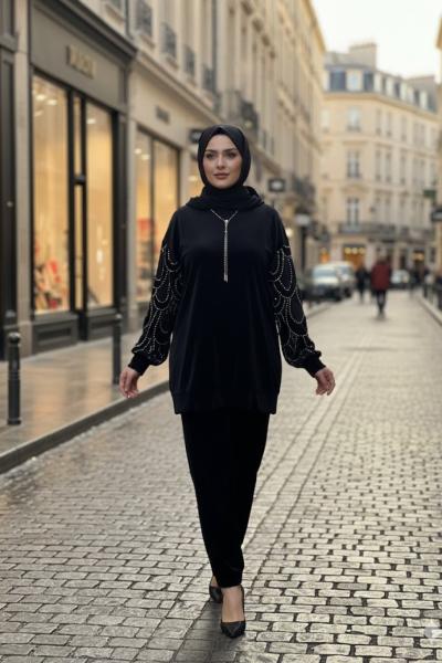 My312 Tasarımlı Kristal Kadife Takım Özel Fiyat Siyah