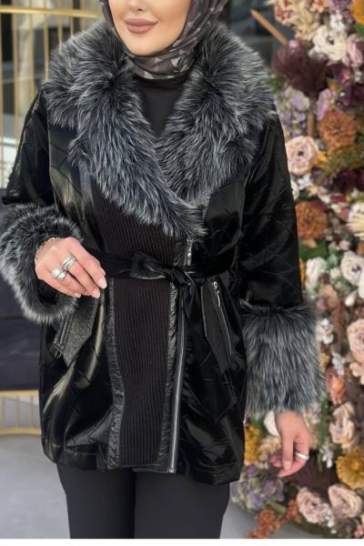 My312 Tasarımlı Özel Kürk Detaylı Kaban Siyah