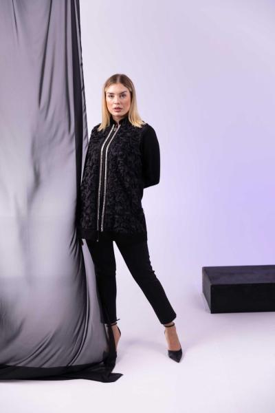 Önü Fermuar Taşlı Hırka Siyah Kahverengi