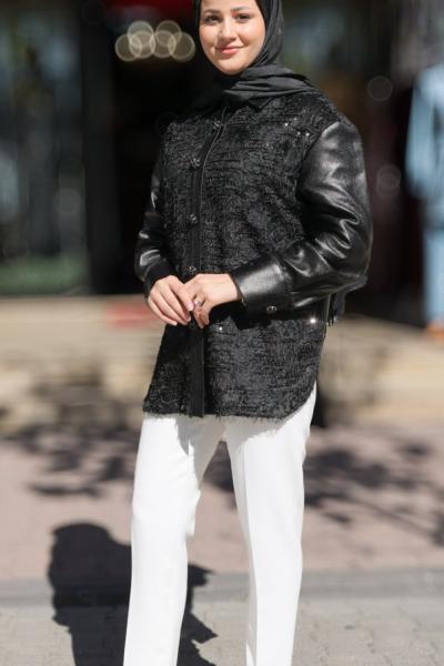 Özel Tasarım NUR’E Deri Detaylı Özel Ceket Siyah