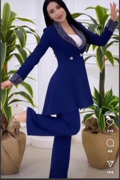 Taşlı Ceketli Takım Saks Mavisi