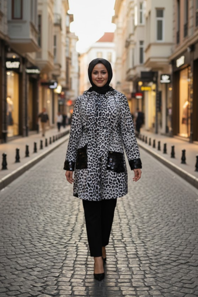 Pul Detaylı Leopar Desenli Kısa Trençkot